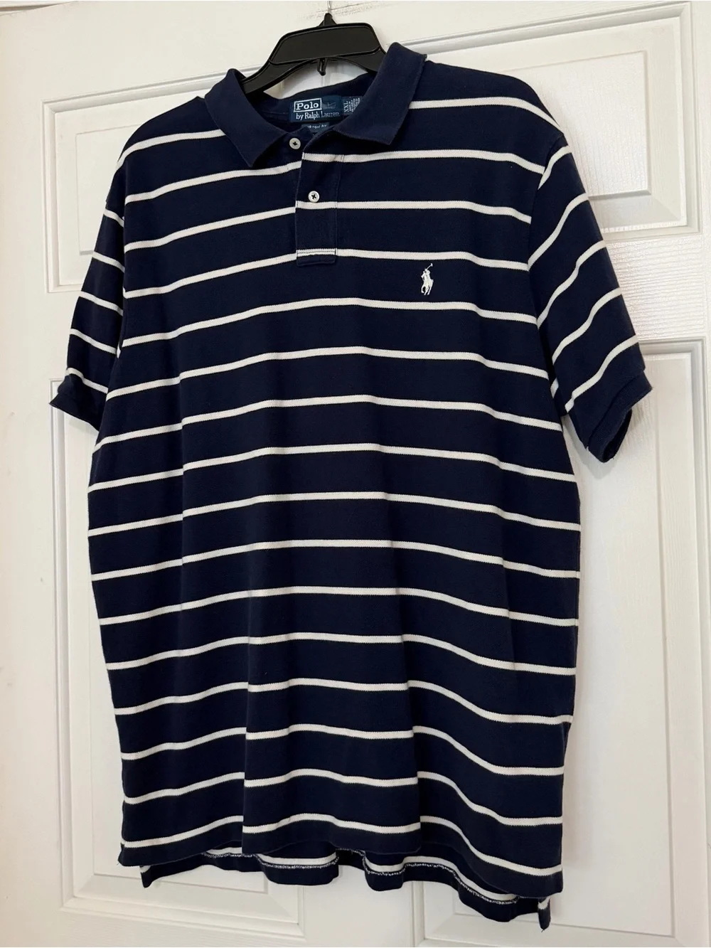 Vintage Polo Ralph Lauren Navy Blue & White Preppy Striped Polo Shirt Size XXL